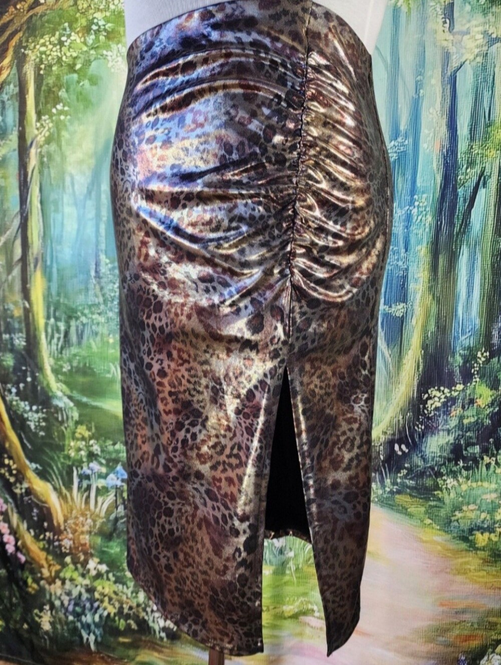 🐆 🪩 Ruched Leopard Metallic Skirt Size XL